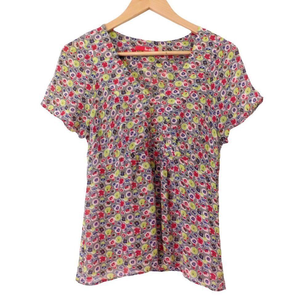 Boden Womens Top Size US 8 Gray Pink Floral‎ Ditsy Print Short Sleeve V Neck Y2K